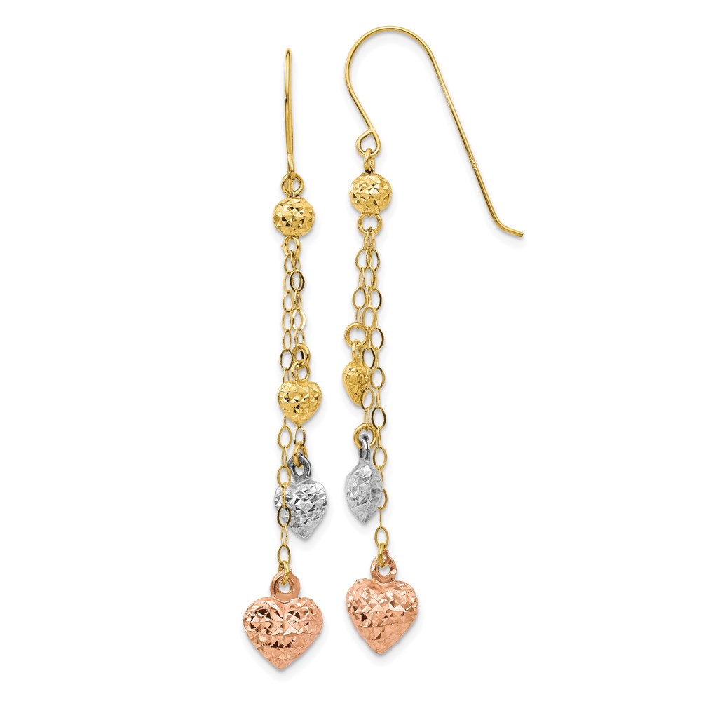 Picture of Finest Gold 14K Tri-Color Puff Heart Dangle Earrings