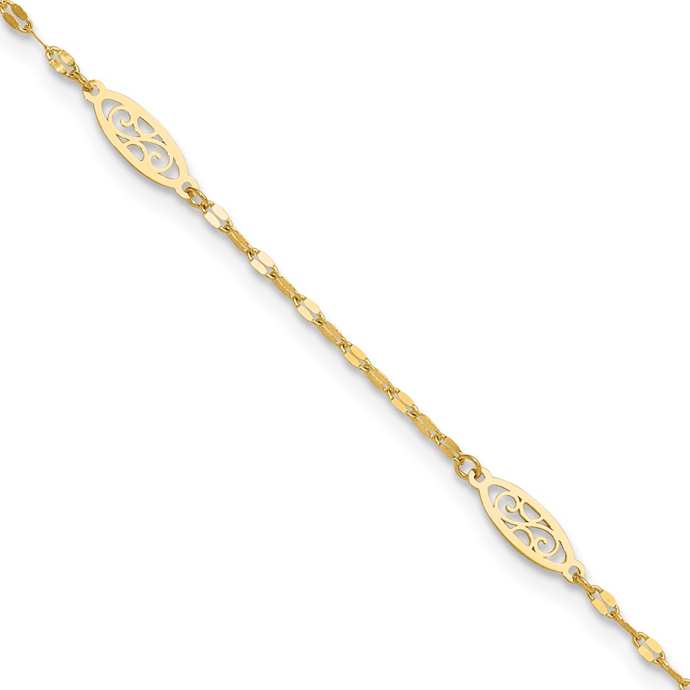 14K Yellow Gold Polished Fancy Filigree Link 9 in. Plus 1 in. Extension Anklet -  Bagatela, BA2698584