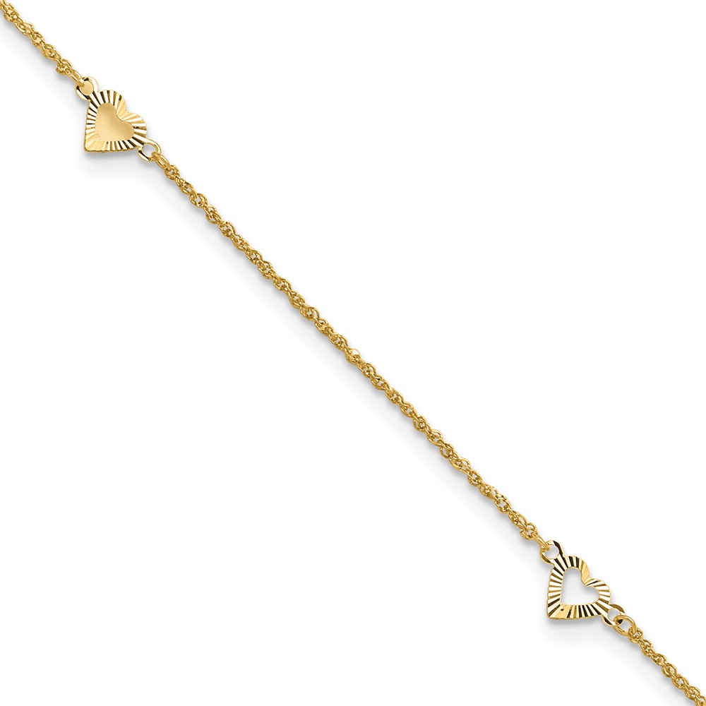 Picture of Finest Gold 14K Yellow Gold Diamond-Cut Hearts 10 in. Plus 1 in. Extension Anklet