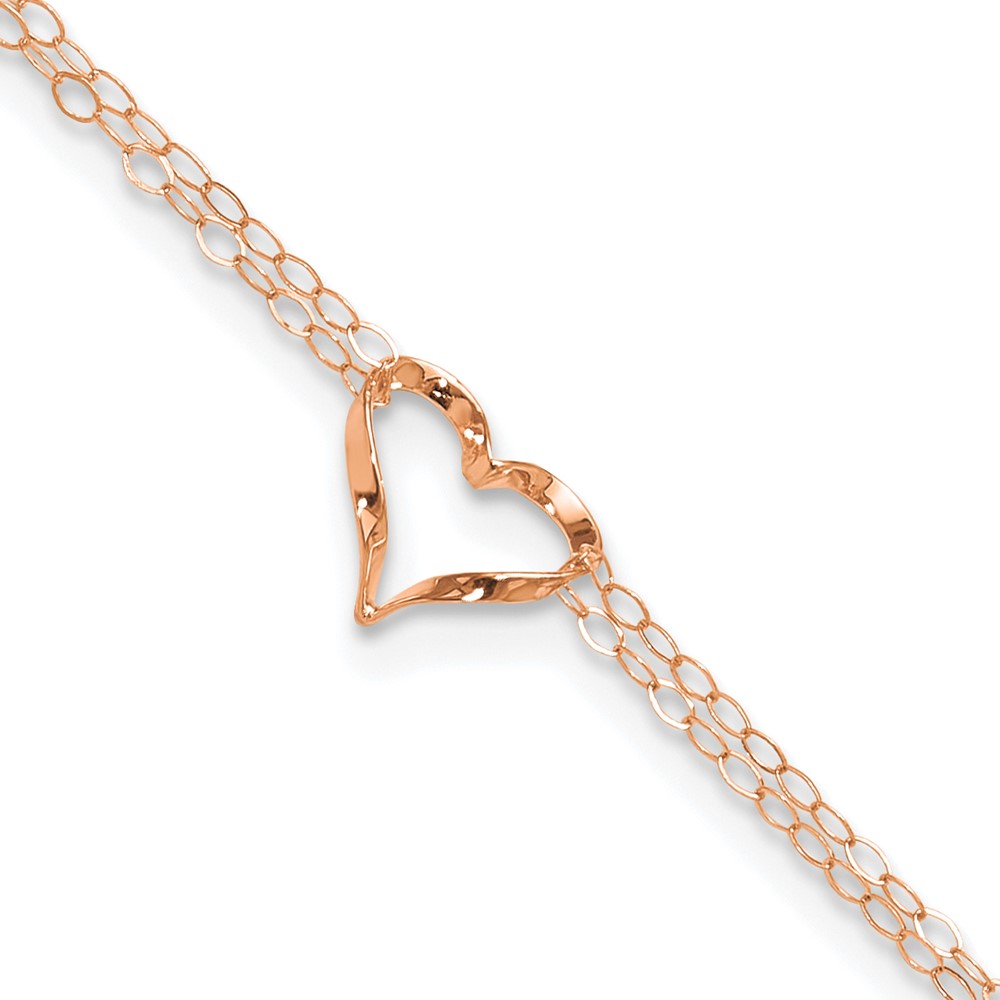 14K Rose Gold Double Strand Heart 9 in. Plus 1 in. Extension Anklet -  Finest Gold, UBSANK309-9