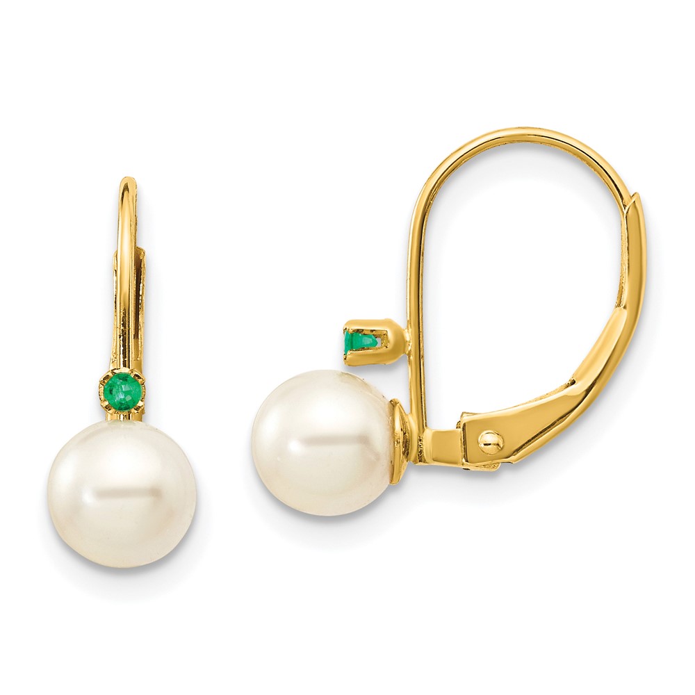 Picture of Finest GoldXLB50E-PL 14K 5-5.5 mm Yellow Gold White Round FW Cultured Pearl Emerald LeverbacK Earrings