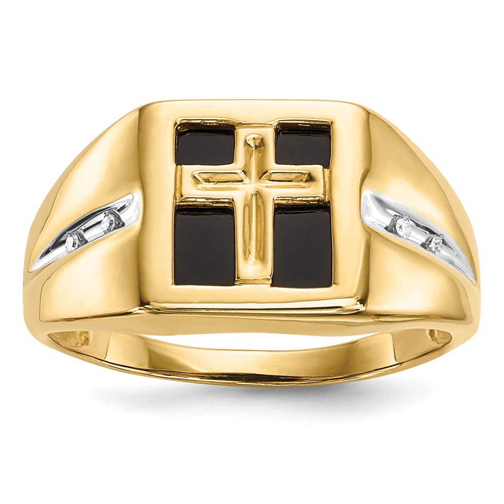 Picture of Finest Gold 14K Yellow Gold Onyx &amp; Diamond Cross Mens Ring - Size 10