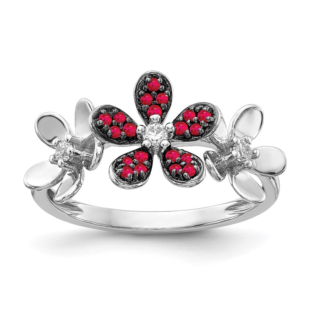 Picture of Finest Gold 14K White Gold Diamond &amp; Ruby Flower Ring&amp;#44; Size 7