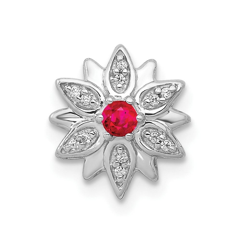 Picture of Finest Gold 14K White Gold 0.05 CTW Diamond &amp; Ruby Flower Chain Slide Pendant
