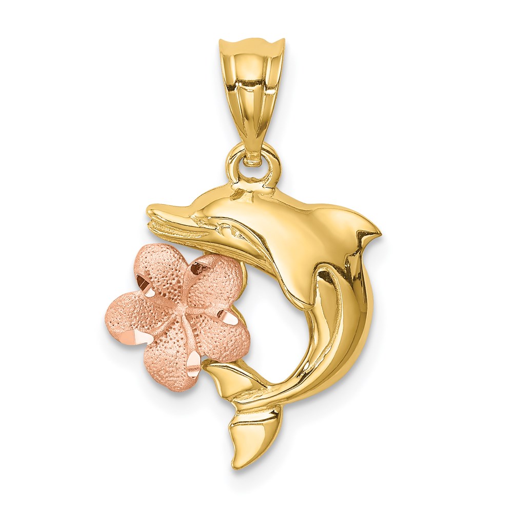Picture of Finest Gold 14K Two-tone Brushed &amp; Polished Diamond-cut Plumeria with Dolphin Pendant