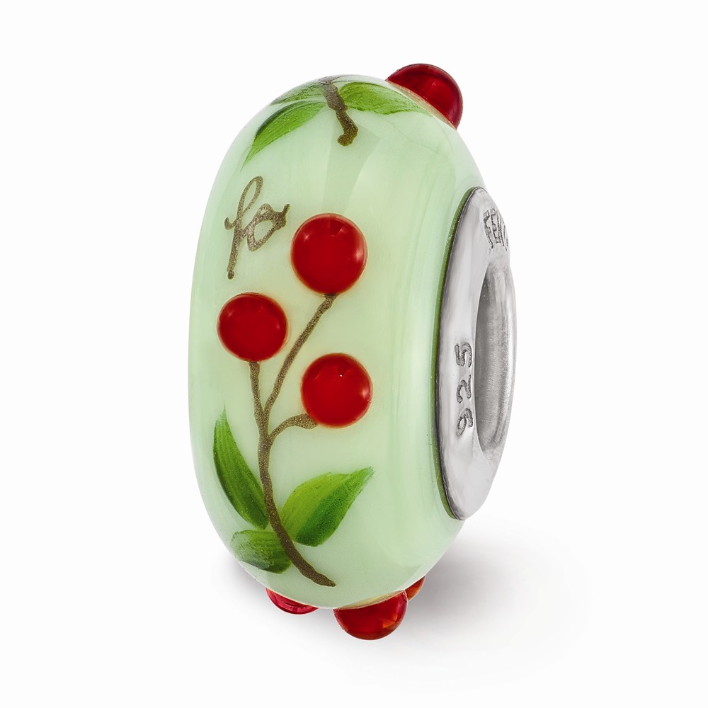 Sterling Silver Reflections Green Hand Painted Cherries Fenton Glass Bead -  Glitter, GL1605167