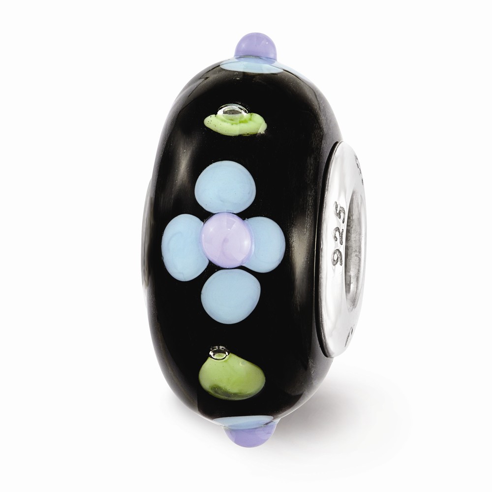 Sterling Silver Reflections Black Hand Painted Blue Floral Fenton Glass Bead -  Glitter, GL2699252