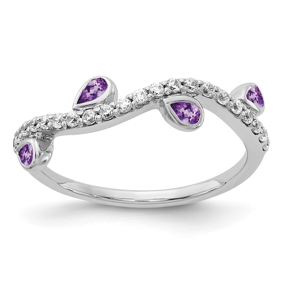 Picture of Finest Gold 14K White Gold Diamond &amp; Pear Amethyst Curved Ring&amp;#44; Size 7