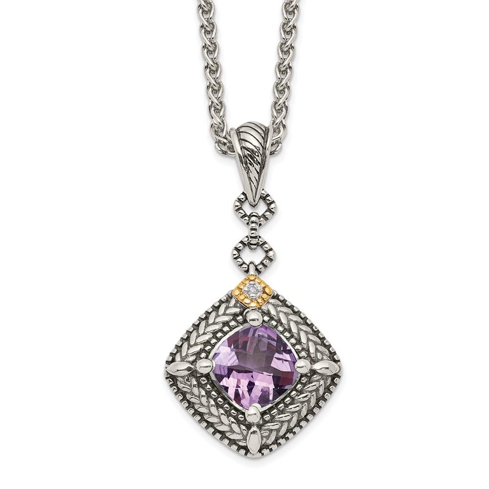 Picture of Finest Gold Sterling Silver with 14K Accent Amethyst &amp; Diamond Dangle Necklace