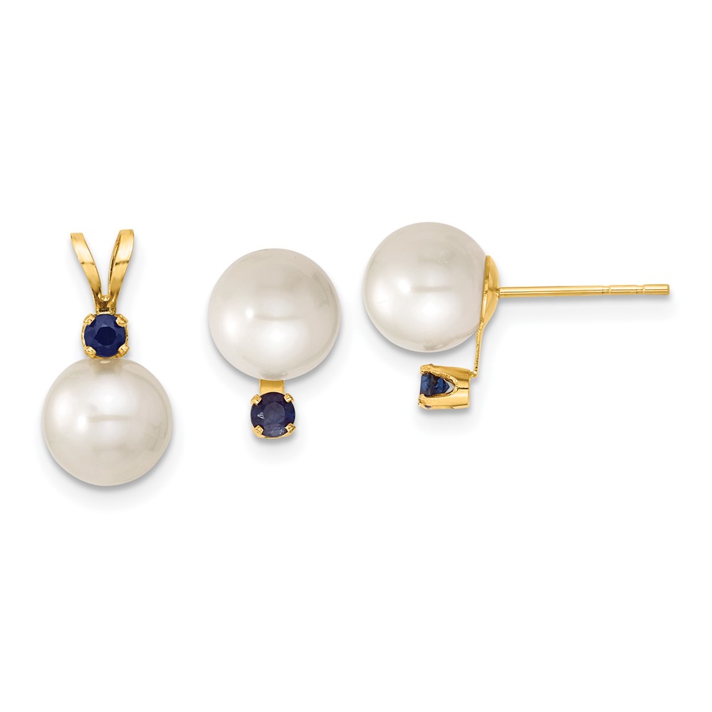 Picture of Finest Gold 14K 7-8 mm White FW Cultured Pearl &amp; Sapphire Stud Earring &amp; Pendant
