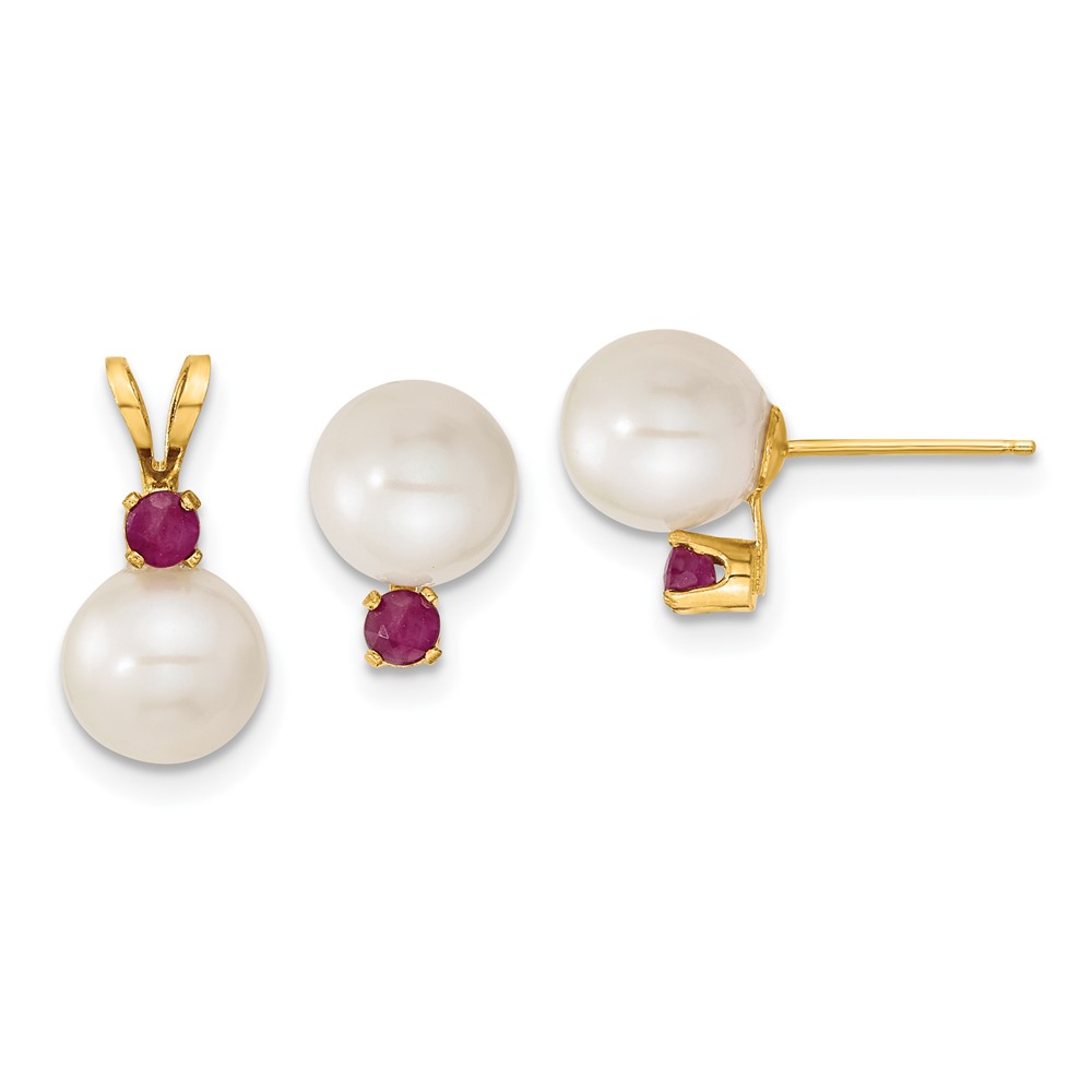 Picture of Finest Gold 14K Yellow Gold 7-8 mm White FW Cultured Pearl &amp; Ruby Stud Earrings &amp; Pendant