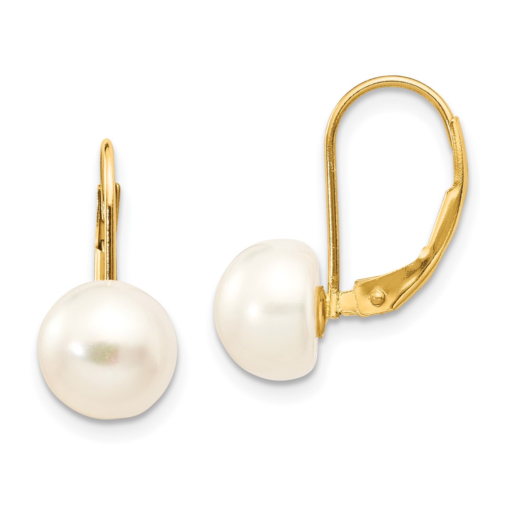 Picture of Finest Gold 14K 8-9 mm Yellow Gold White Button Freshwater Cultured Pearl LeverbacK Earrings