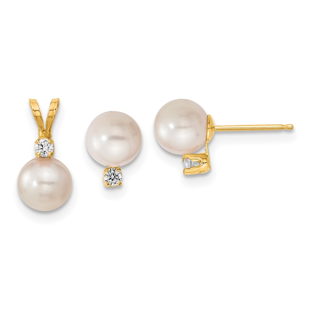 Picture of Finest Gold 14K Yellow Gold 6-7 mm Saltwater Akoya Cultured Pearl &amp; Diamond Earrings &amp; Pendant Set