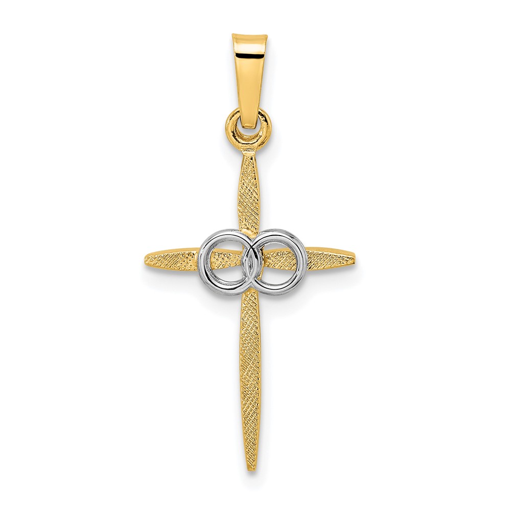 Picture of Finest Gold 14K Two-tone Polished &amp; Satin Solid Double Ring Cross Pendant