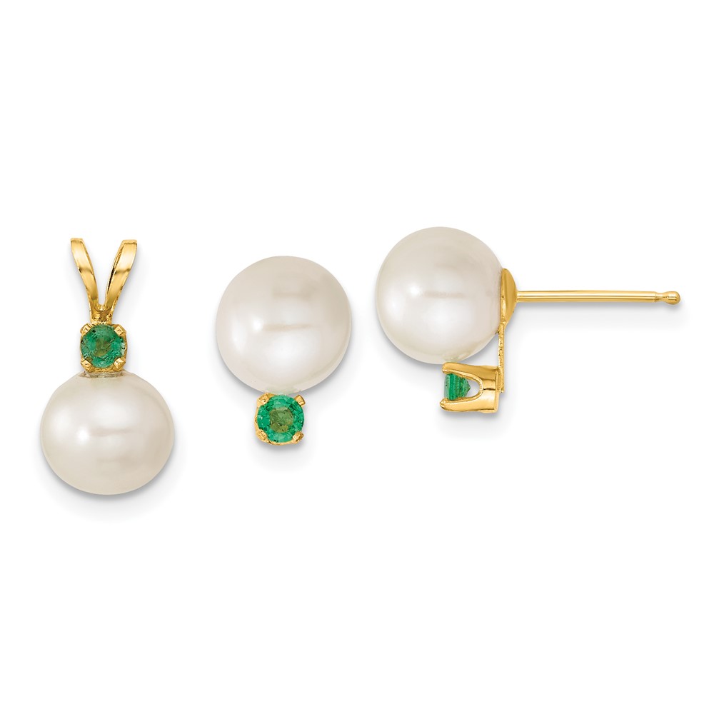 Picture of Finest Gold 14K Yellow Gold 7-8 mm White FW Cultured Pearl &amp; Emerald Stud Earrings &amp; Pendant
