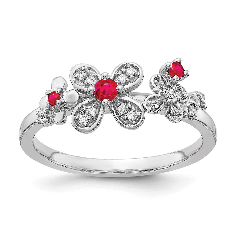 Picture of Finest Gold 14K White Gold Diamond &amp; Ruby Flower Ring&amp;#44; Size 7