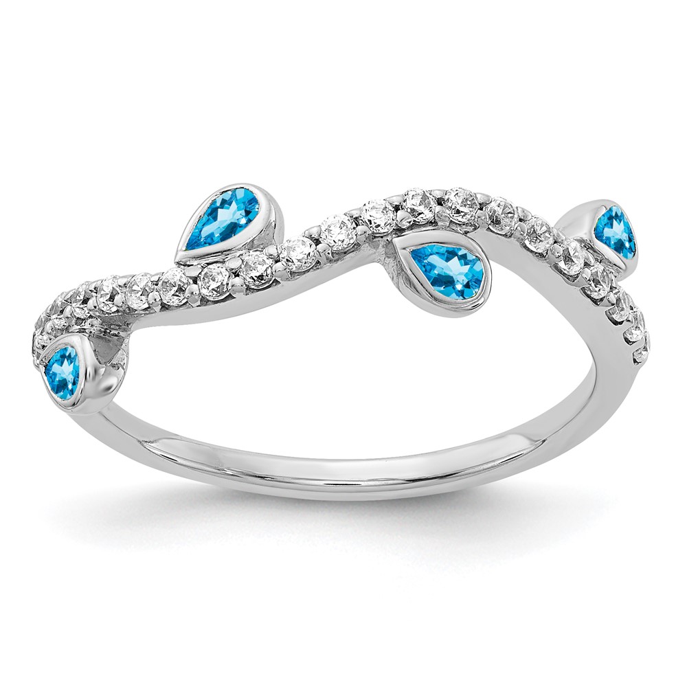 Picture of Finest Gold 14K White Gold Diamond &amp; Pear Blue Topaz Curved Ring&amp;#44; Size 7