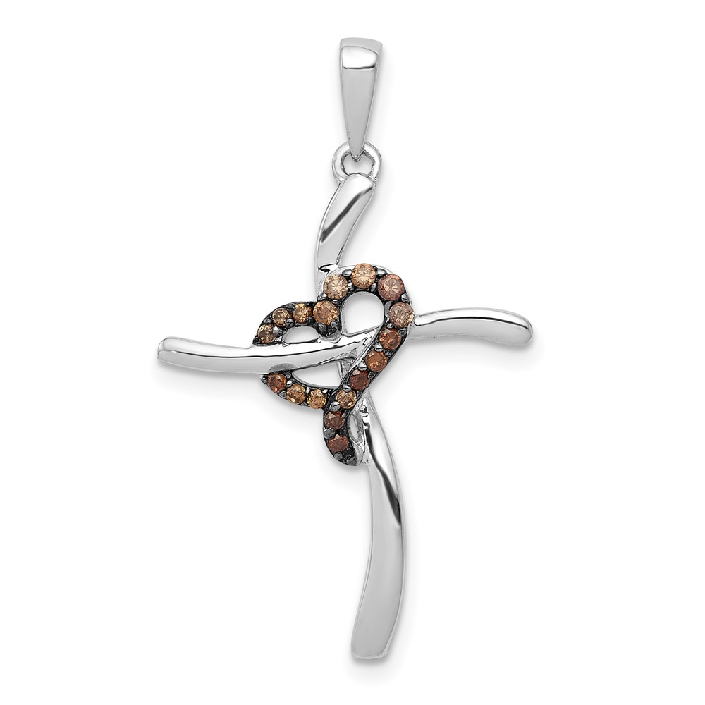 Picture of Finest Gold 14K White Gold 0.1 CTW Champagne Diamond Heart Cross Pendant