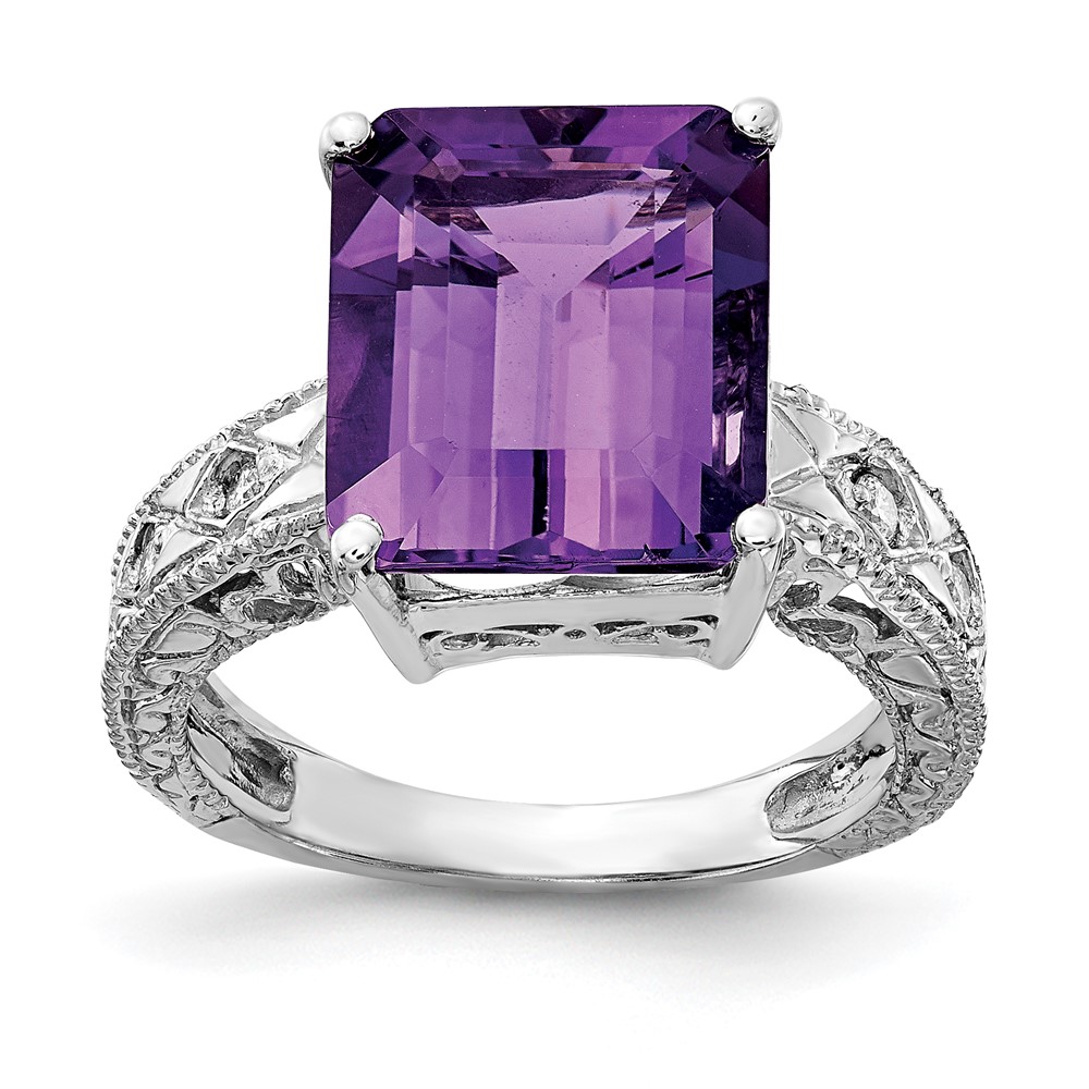 Picture of Finest Gold 12 x 10 mm 14K White Gold Emerald Cut Amethyst AA Diamond Ring - Size 6