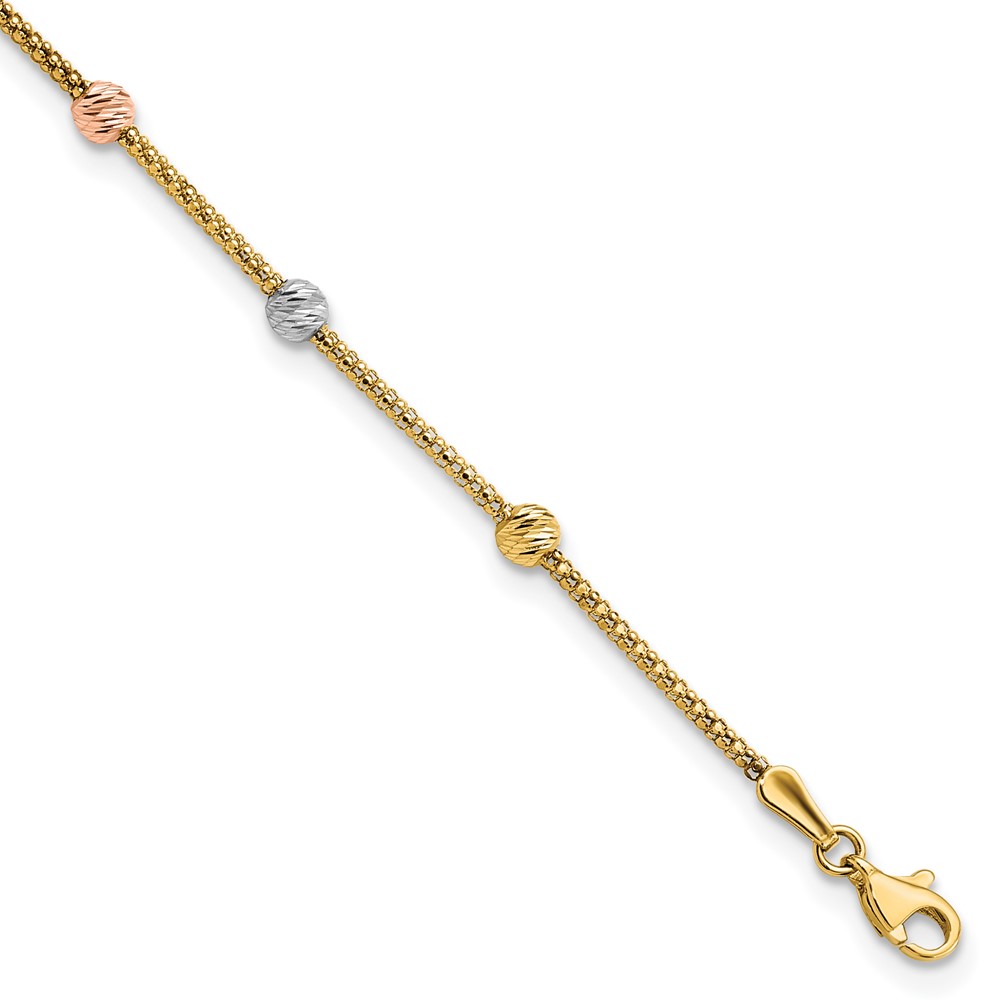 Picture of Finest Gold 14K Tri-Color Diamond-Cut 7-Station Bead &amp; Chain 7.25 in. Bracelet