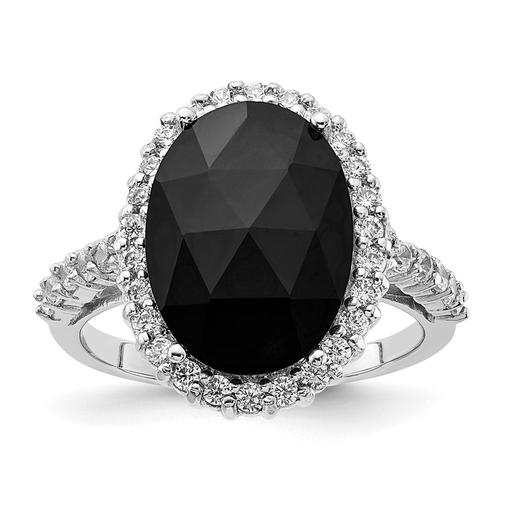 Picture of Finest Gold Sterling Silver Cheryl M Rhodium-Plated Black &amp; White CZ Oval Halo Ring - Size 7