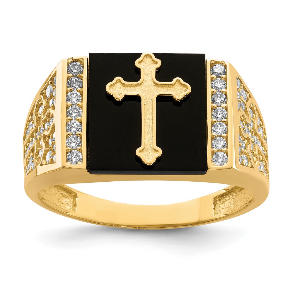 Picture of Finest Gold 10K Yellow Gold CZ &amp; Onyx Cross Mens Ring - Size 10