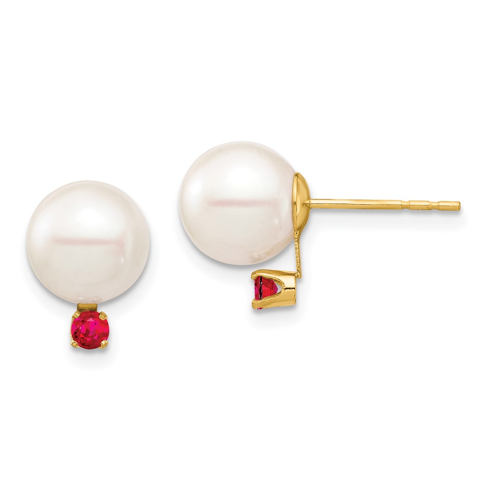 Picture of Finest GoldXF754E-R 14K 8-8.5 mm Yellow Gold White Round Freshwater Cultured Pearl Ruby Post Earrings