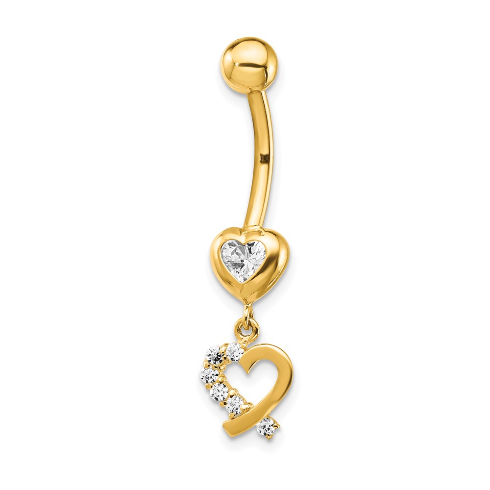 Picture of Finest Gold 14K Yellow Gold 14 Gauge CZ 2-Hearts Dangle Belly Ring