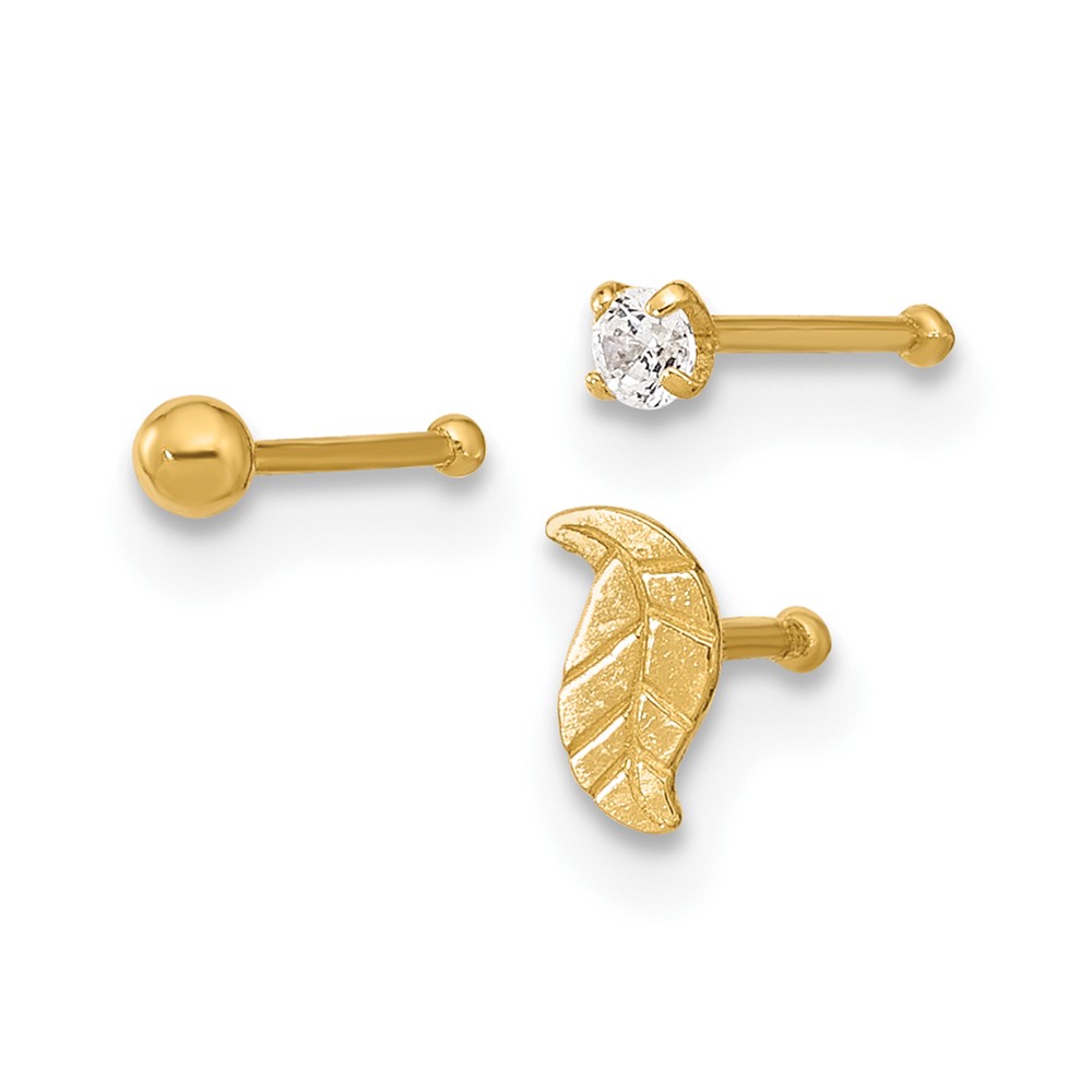 Picture of Finest Gold 14K Yellow Gold 22 Gauge Leaf Ball &amp; CZ Post Nose Set