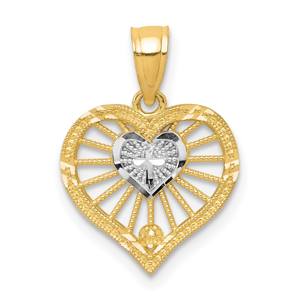 Picture of Finest Gold 10K Yellow with Rhodium Heart with Cross Charm