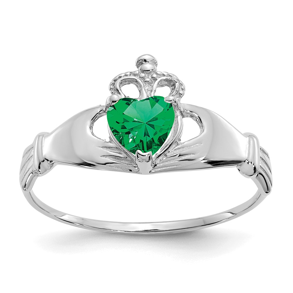 Picture of Finest Gold 14K White Gold CZ May Birthstone Claddagh Heart Ring - Size 7.5