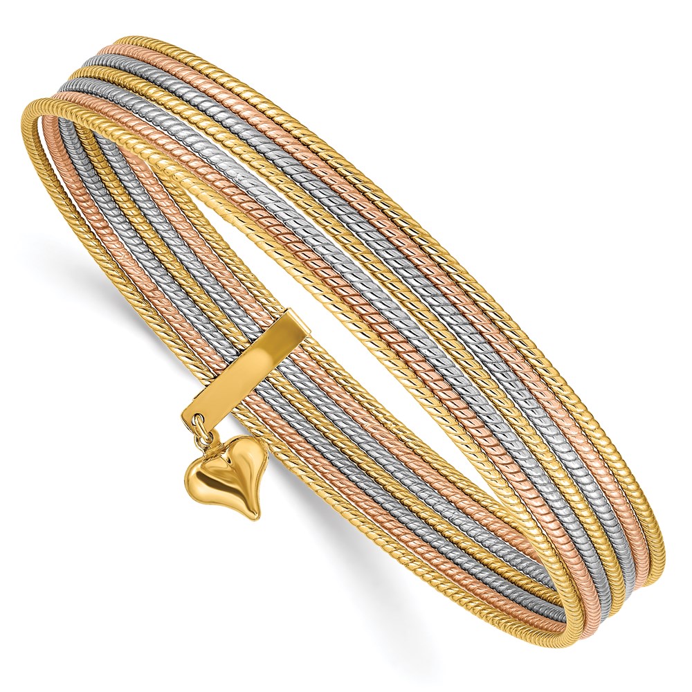 14K Tri-Color with Dangle Heart Textured Slip-On Bangle Bracelet - Set of 7 -  Bagatela, BA2709425