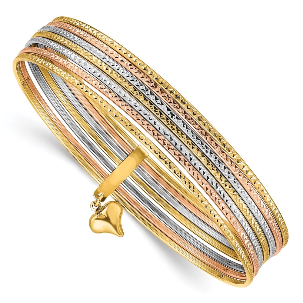 Picture of Finest Gold 14K Dangle Heart Textured Slip on Bangles&amp;#44; Tri-Color - Set of 7