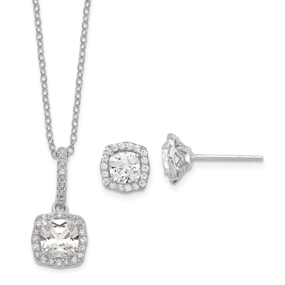 Picture of Finest Gold 18 in. Sterling Silver Polished Rhodium Plated CZ Necklace &amp; Post Earrings Set&amp;#44; White
