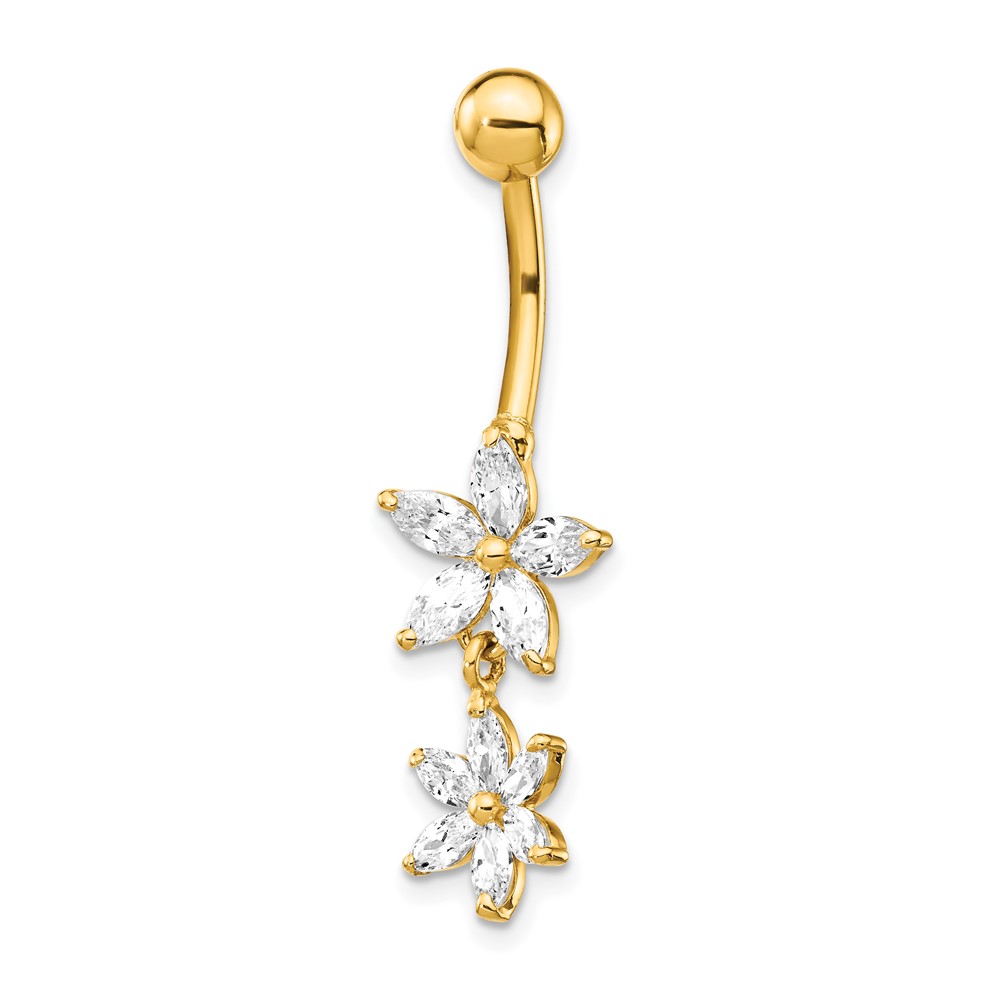 Picture of Finest Gold 14K Yellow Gold 14 Gauge CZ 2-Flower Dangle Belly Ring