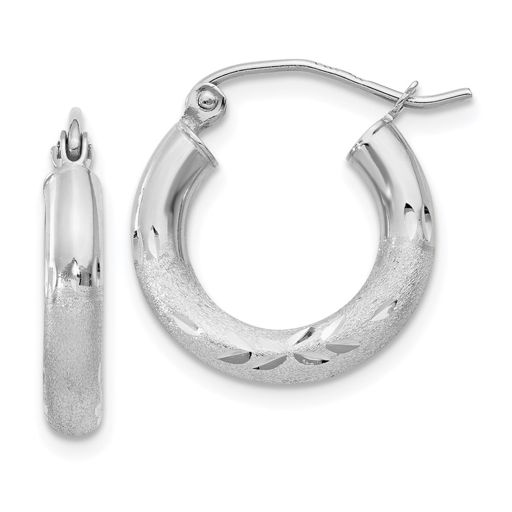 10K White Gold Satin & Diamond-Cut 3 mm Round Hoop Earrings -  Finest Gold, UBS10TC279