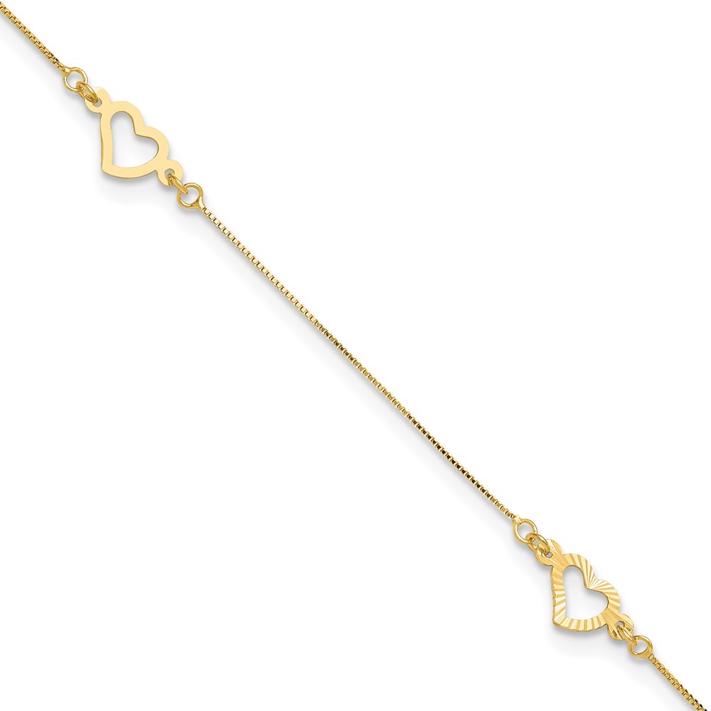 14K Yellow Gold Fancy Heart 10 in. Plus 1 in. Extension Anklet -  Finest Gold, UBSANK157-10