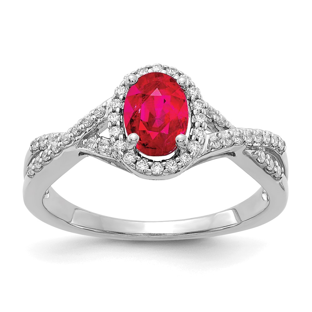 Picture of Finest Gold 14K White Gold Diamond &amp; Ruby Oval Halo Ring&amp;#44; Size 7