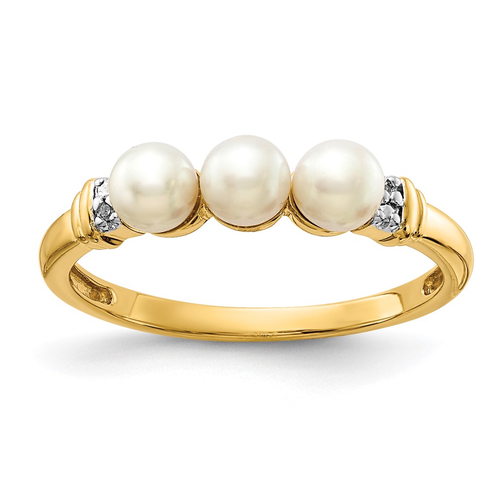 Picture of Finest Gold 14K Yellow Gold Diamond &amp; Freshwater Cultured 3-Pearl Ring - Size 7