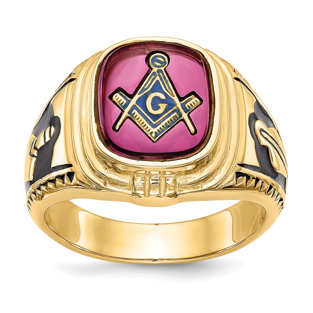 Picture of Finest Gold 14k Yellow Gold Mens Synthetic Ruby Masonic Ring  Size 10