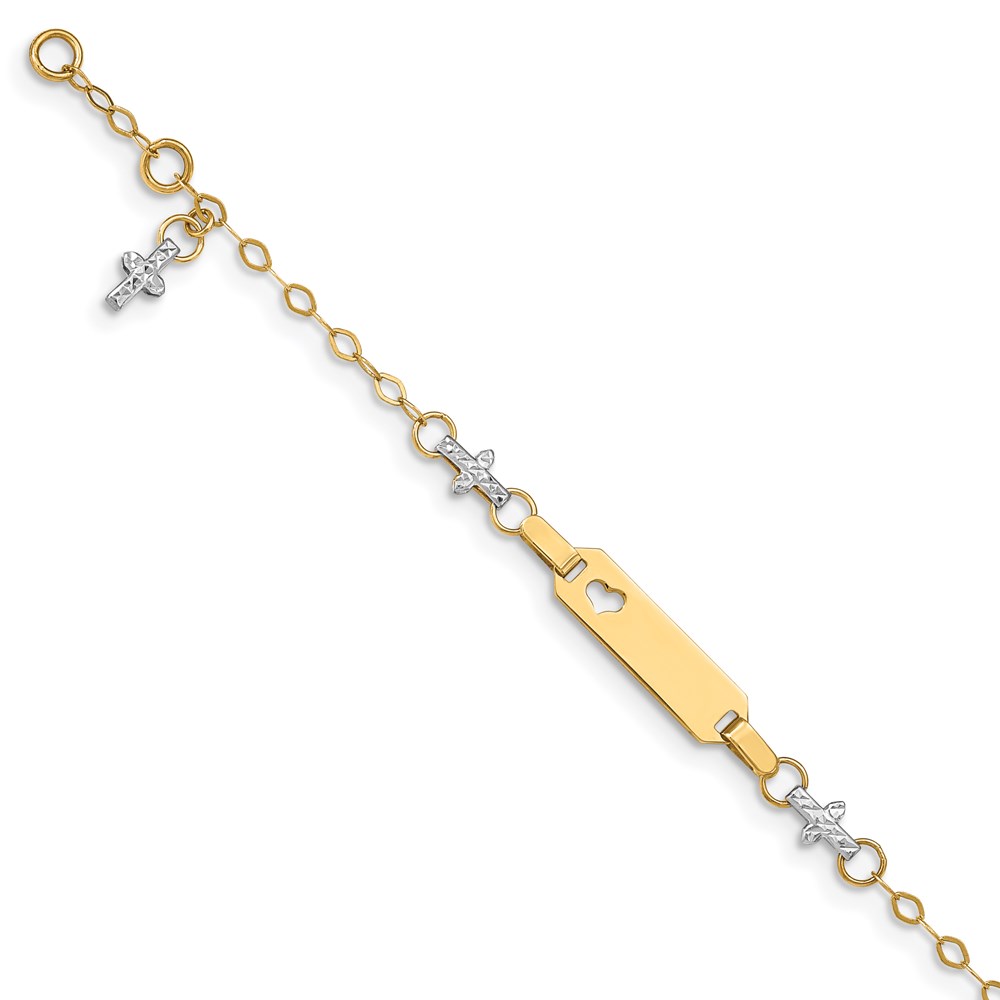 Picture of Finest Gold 14K Two-Tone Baby Polished &amp; Textured Cross with 1 in. Extension 4.5 in. ID Bracelet
