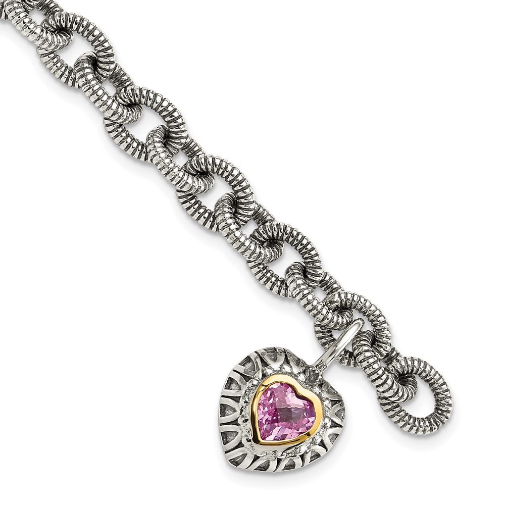 Picture of Finest Gold Sterling Silver with 14K Created Pink Sapphire Heart Charm Bracelet