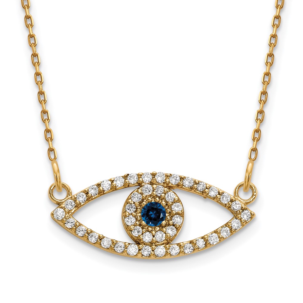 Picture of Finest GoldXP5044S-A 14K Yellow Gold Small Necklace Diamond &amp; Sapphire Evil Eye Pendant