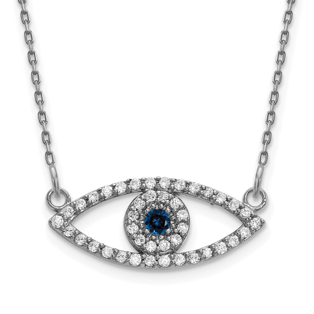 Picture of Finest GoldXP5044WS-A 14K White Gold Small Necklace Diamond &amp; Sapphire Evil Eye Pendant