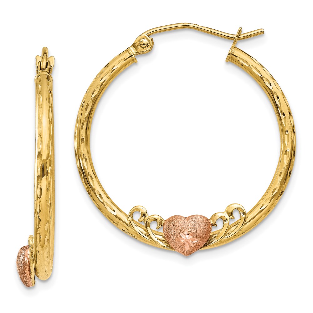 Picture of Finest Gold 14K Two-Tone &amp; Rose Heart Diamond-Cut Hoop Earrings