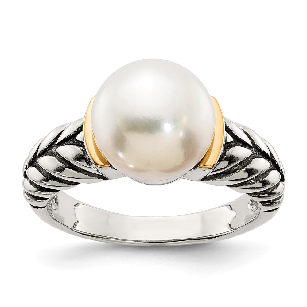 QTC171-7 10 mm Sterling Silver with 14k Gold Button FW Cultured Pearl Ring, Size 7 -  Shey Couture