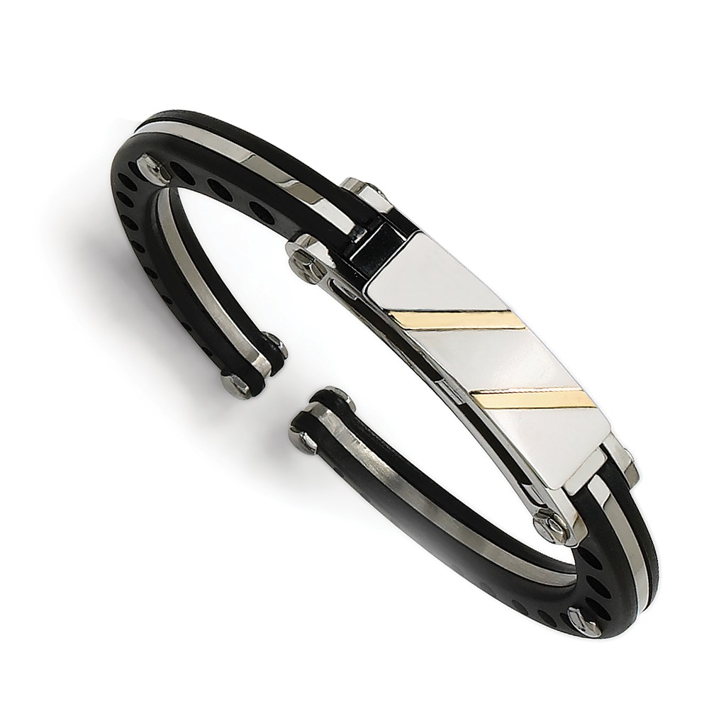 Picture of Chisel SRB233 Stainless Steel Black PVC & 14k Yellow Gold Inlay Hinged Bangle