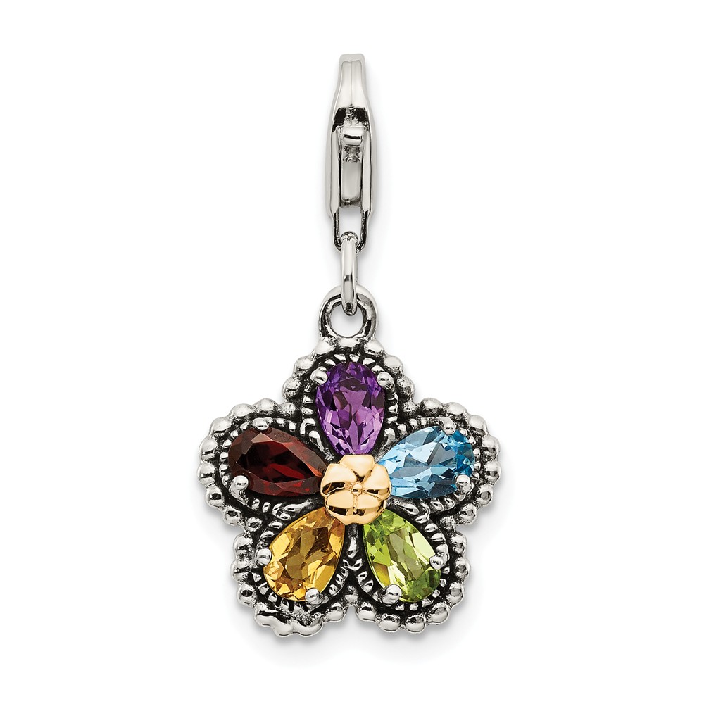 Picture of Shey Couture QTC464 14K Gold Sterling Silver Antiqued Multi Gemstone Flower with Lobster Clasp Charm