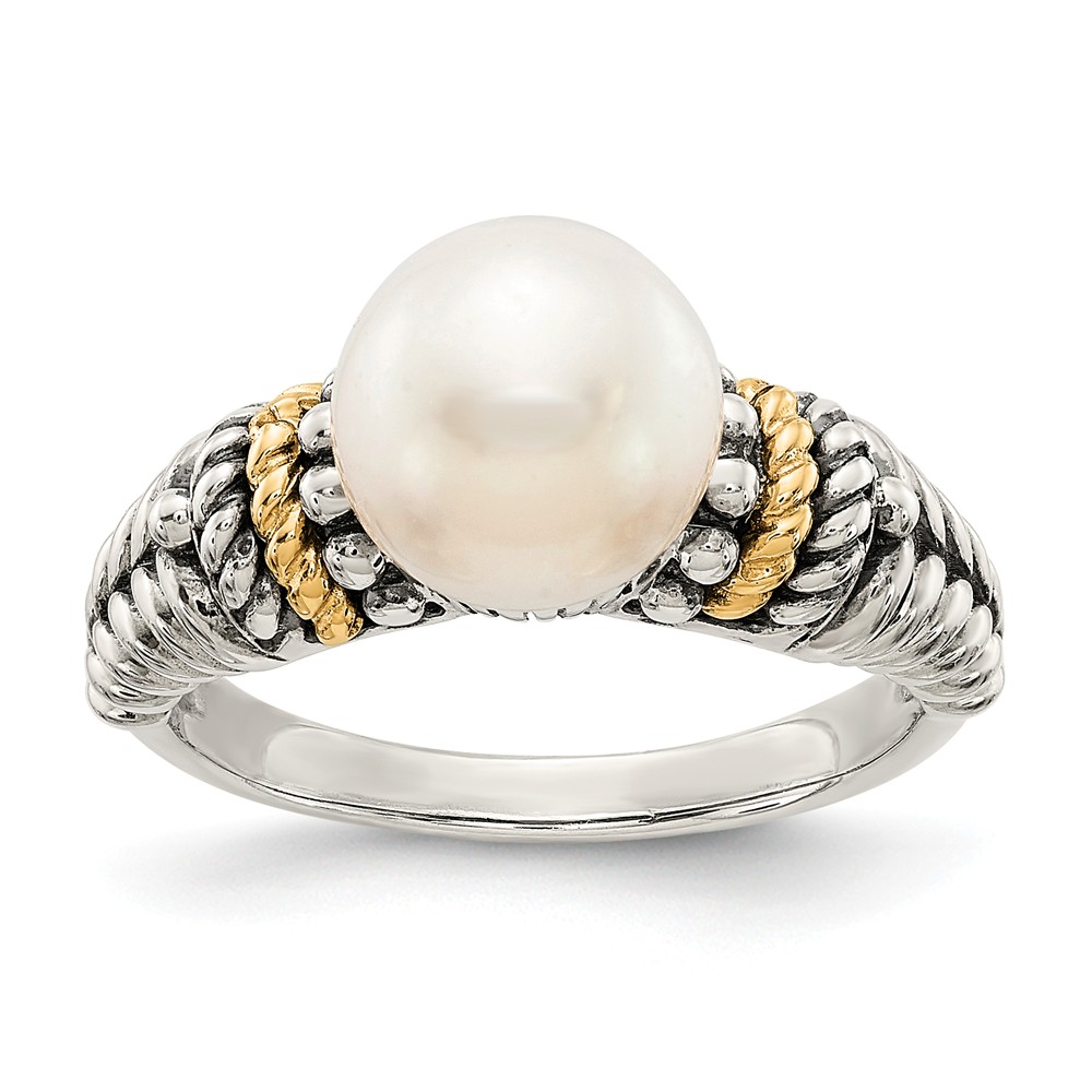 QTC207-6 8 mm Sterling Silver with 14K Gold FW Cultured Pearl Ring, Antiqued - Size 6 -  Shey Couture
