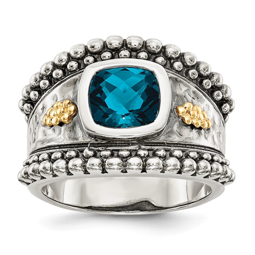Picture of Celtic QTC1372-6 Sterling Silver with 14K Gold London Blue Topaz Ring, Antiqued - Size 6